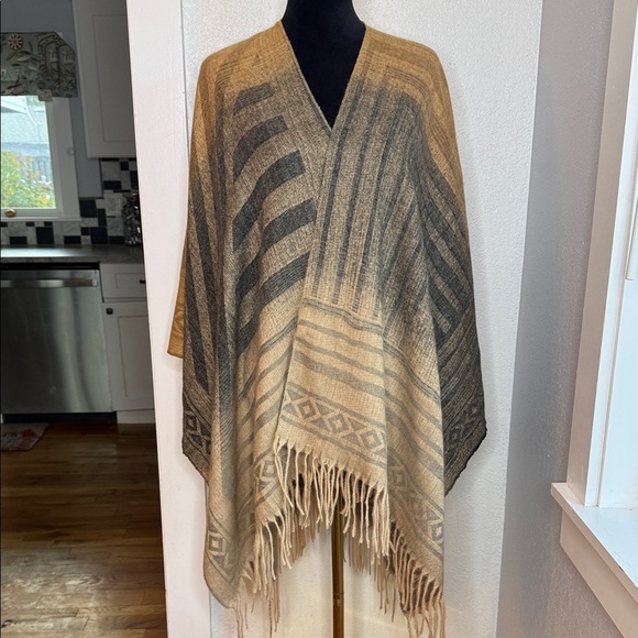 LR Fashion Accessories Sweaters - Southwestern Fringe Poncho Wrap Camel Taupe Boho Western Coastal Cowgirl Cozy
